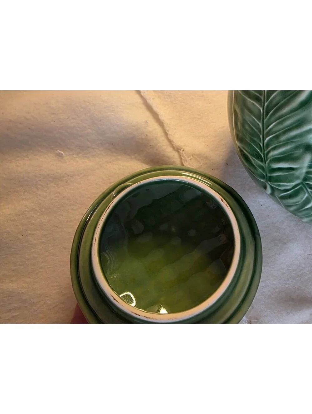 Bordallo Pinheiro Green Majolica Leaf Teapot Portugal Basketweave Lid Chipped